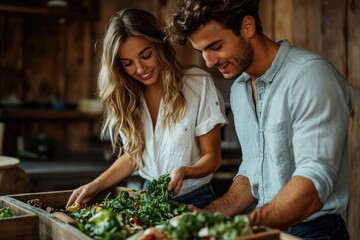 A young couple adds fresh greens to a compost bin, embracing sustainable living and healthy eating habits.
