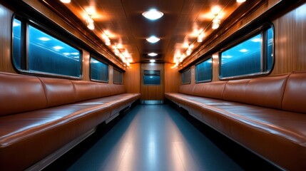 A picturesque vintage train car enhanced with soft blue lighting that adds a cool and soothing ambiance, evoking a sense of tranquility in an unexpected travel setting.