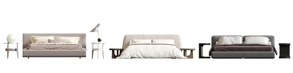 double bed isolated on a transparent background, furniture for the bedroom interior, 3D illustration, cg render
