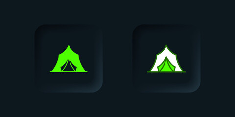Green Circus tent icon isolated on black background. Carnival camping tent. Amusement park. Black square button. Vector
