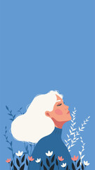  International Women's Day. March 8. Equality Day. Woman, girl with closed eyes looking at sky and flowers. Vector banner with space for text. Feminism. Gender equality and women's empowerment