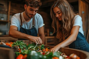A young couple prepares compost from leftover vegetables in their rustic kitchen, promoting sustainable living.