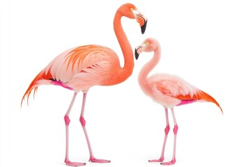 Two vibrant flamingos, one adult and one juvenile, standing gracefully together