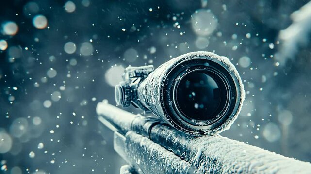 Snow-covered rifle with scope in a snowy environment during winter conditions