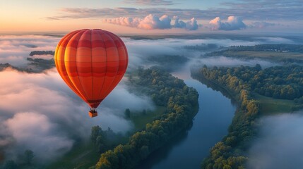 Hot Air Balloon Floating Over Stunning Countryside at Sunrise