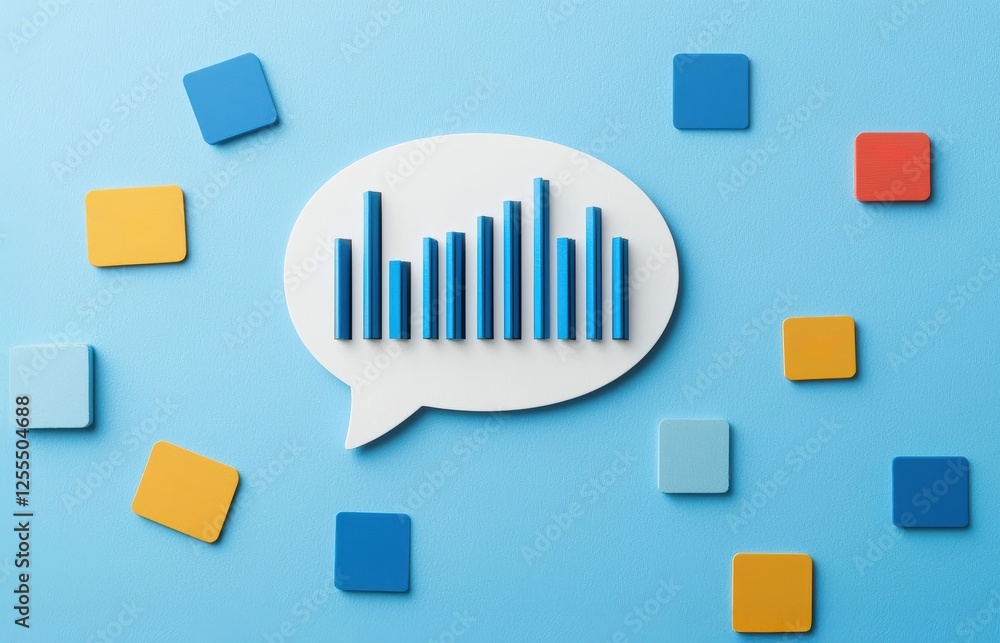 Poster colorful abstract design featuring a speech bubble with bar graphs on a blue background, symbolizing