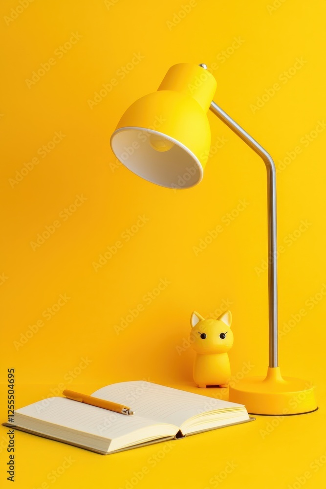 Poster bright yellow lamp illuminating an open notebook with a pen, creating a cheerful workspace environme