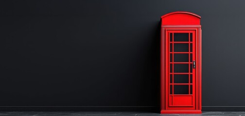 Fototapeta premium A bright red phone booth stands against a sleek black wall, creating a striking contrast and a modern aesthetic.