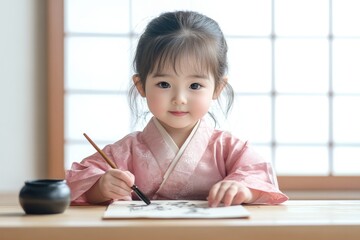 A cute toddler girl in a pink kimono concentrates on writing with a brush, showcasing traditional Japanese culture.