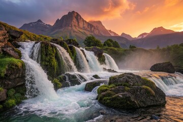 Obraz premium Double Exposure: Majestic Mountains Embrace Serene Waterfall - Nature Photography Art