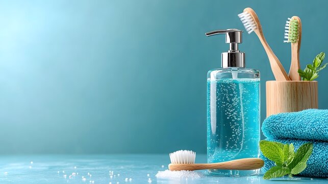 Applying mouthwash in a bathroom setting with the person s reflection visible in the mirror  The image conveys a sense of self care personal hygiene and a calming refreshing morning routine