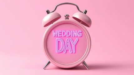 Pink vintage alarm clock with neon "Wedding Day" text on a pastel pink background. Perfect for wedding invitations, bridal shower decor, event planning, and romantic celebrations