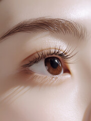 綺麗な若いアジア人女性の目元を横からクローズアップ撮影｜目・まつ毛・眉毛の美しいメイクの美容ポートレート縦型