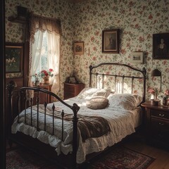 Sunlit Victorian bedroom, floral wallpaper, antique bed © Denny