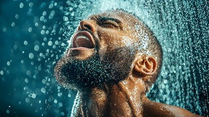 Captivating macro shot of water droplets splashing and flowing across a person s face and shoulders during a refreshing and serene shower moment