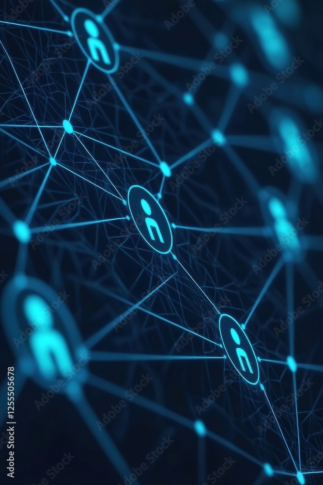 Poster abstract digital network with interconnected nodes representing communication and information flow. 