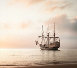 Fototapeta premium Classic Tall Ship Sailing Calm Waters Under a Soft Sky at Sunset Historical Exploration Voyage