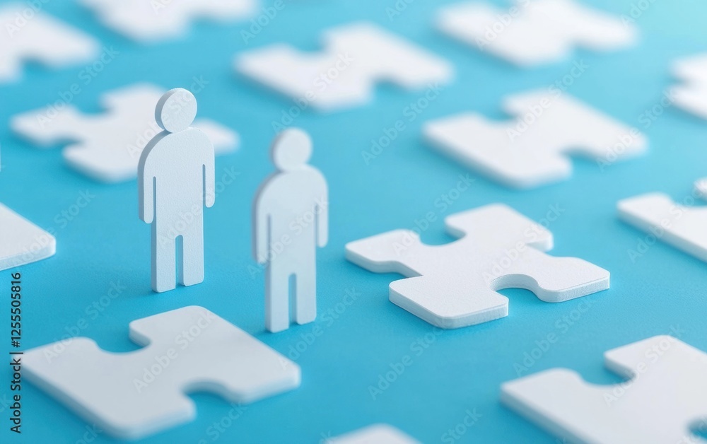 Poster two abstract figures standing on a blue background with white puzzle pieces, symbolizing connection 