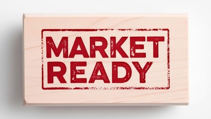 A wooden block stamped with the phrase "MARKET READY" in bold, red letters, indicating preparedness for market entry.