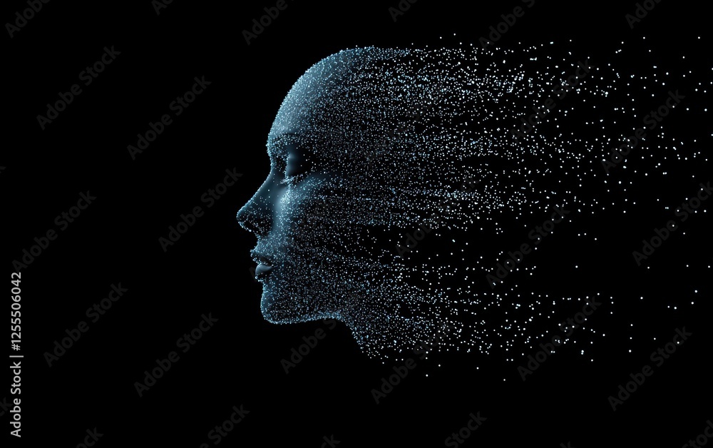 Aufkleber a digital representation of a human face dissolving into particles, symbolizing transformation and t