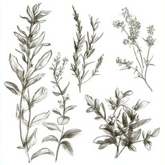 Fototapeta premium Botanical Herbs and Leaves Collection featuring Sage Rosemary and Lavender Sketches on White Background