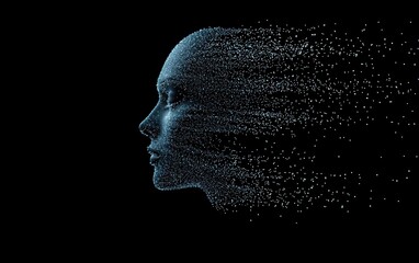A digital representation of a human face dissolving into particles, symbolizing transformation and the essence of existence.