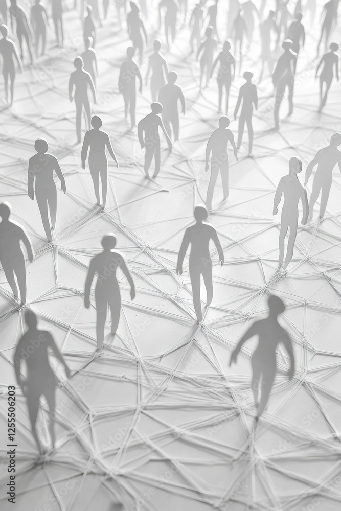 Poster abstract representation of interconnected people creating shadows on a web, symbolizing community an