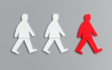 Stylized paper cutouts of walking figures in red and white on a gray background, symbolizing progress and creativity.