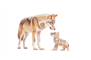 Obraz premium Tender moment between a mother wolf and her playful pup in a serene setting