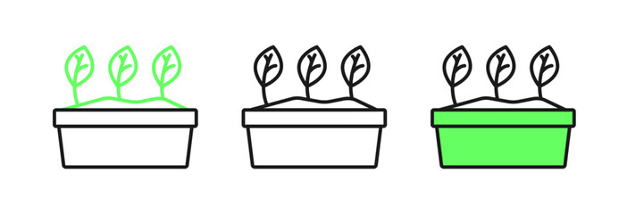 Set line Plant in pot icon isolated on white background. Plant growing in a pot. Potted plant sign. Vector