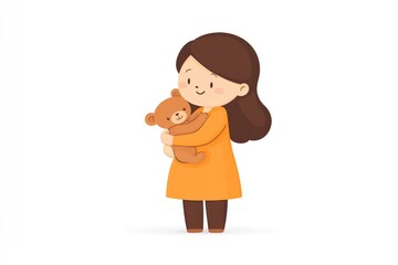 A cheerful girl in an orange dress hugging a teddy bear, smiling warmly
