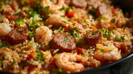 Close-up of rice and American jambalaya with sausage and shrimp in a traditional American serving bowl, emphasizing spicy and hearty qualities. Ideal for American cuisine and hearty meals.