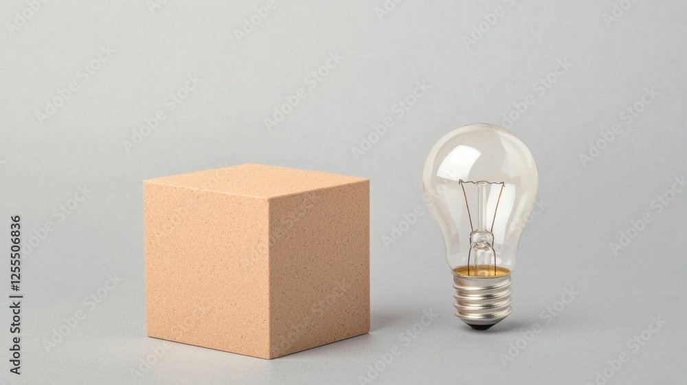 Aufkleber a minimalistic setup featuring a light bulb and a plain cube, ideal for design, creativity, and idea