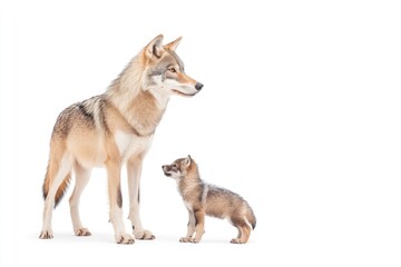 Fototapeta premium Adult wolf standing beside a curious wolf pup on a white background