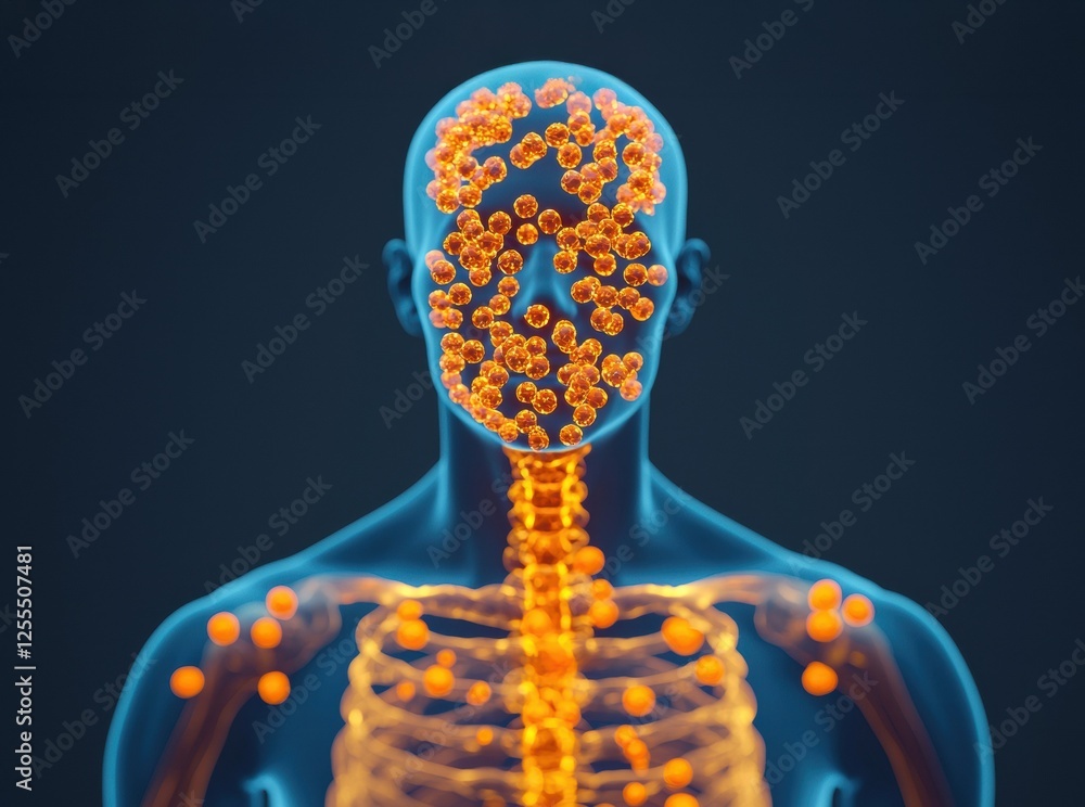 Poster a digital of a human body with a focus on particles, showcasing the complexity of biological systems