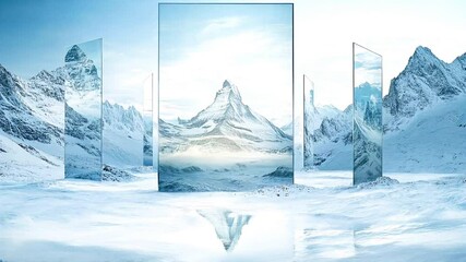 The camera slowly advances, reflecting snow-capped mountains in clear mirrors, blending fantasy with reality, revealing grandeur in tranquility