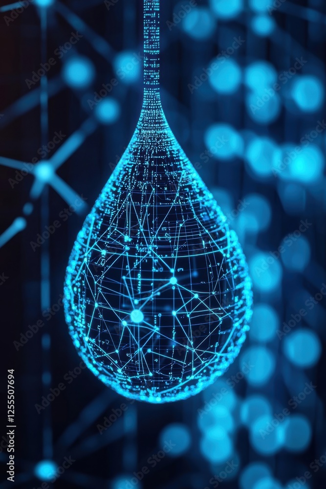 Poster a futuristic blue droplet filled with intricate data patterns and glowing connections, symbolizing t
