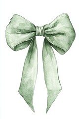 Elegant Sage Ribbon Bow Decorative Watercolor Illustration Serene Artistic Accent on Plain Backdrop