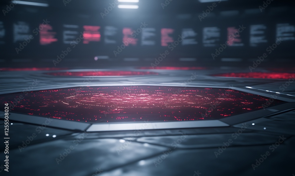 Poster A futuristic, glowing red hexagonal platform surrounded by a dark, tech-inspired environment with illuminated screens in the background.