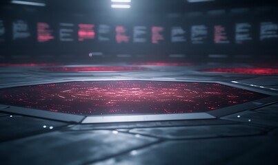 A futuristic, glowing red hexagonal platform surrounded by a dark, tech-inspired environment with illuminated screens in the background.