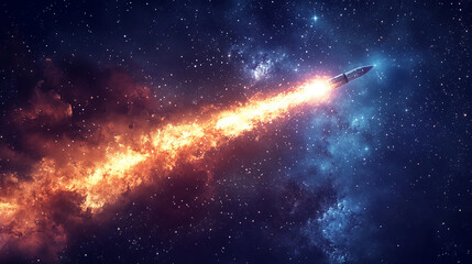 A rocket is flying through space with a trail of fire behind it. Concept of adventure and exploration, as well as the vastness and mystery of the universe
