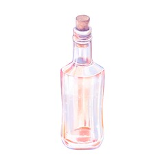A Transparent Bottle With Gin, Alcoholic Driink, Pineapple, Watercolor Illustration On A White Background