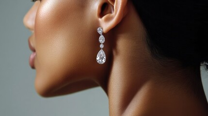 A beautiful close-up of a woman ear with sparkling diamond drop earrings, her hair pulled back in a sleek style to highlight the jewelry