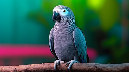 Obraz premium A vibrant gray parrot perched on a branch in a lush, colorful environment, showcasing its beauty
