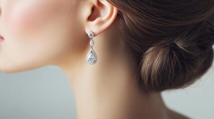 A beautiful close-up of a woman ear with sparkling diamond drop earrings, her hair pulled back in a sleek style to highlight the jewelry