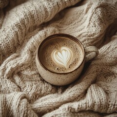Cozy Latte on Knit Blanket, Autumn Warmth