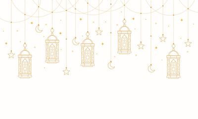 illustration of islamic lantern hanging line art decoration. crescent and star line art greeting card or poster design decoration