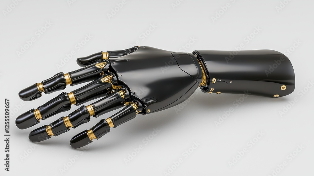 Aufkleber robotic hand extended, futuristic metallic fivefingered robotic on a grey background – close up view