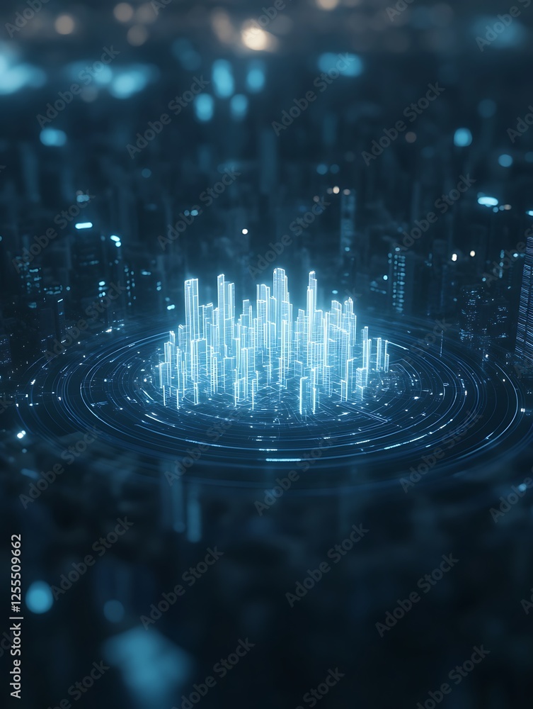Poster A futuristic digital cityscape with glowing structures, creating an ethereal atmosphere and showcasing advanced technology and innovation.