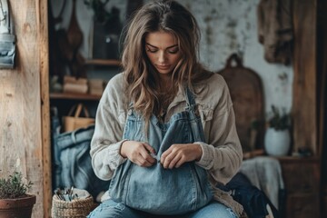Young woman in denim overalls carefully adjusts her denim tote bag in a rustic setting.